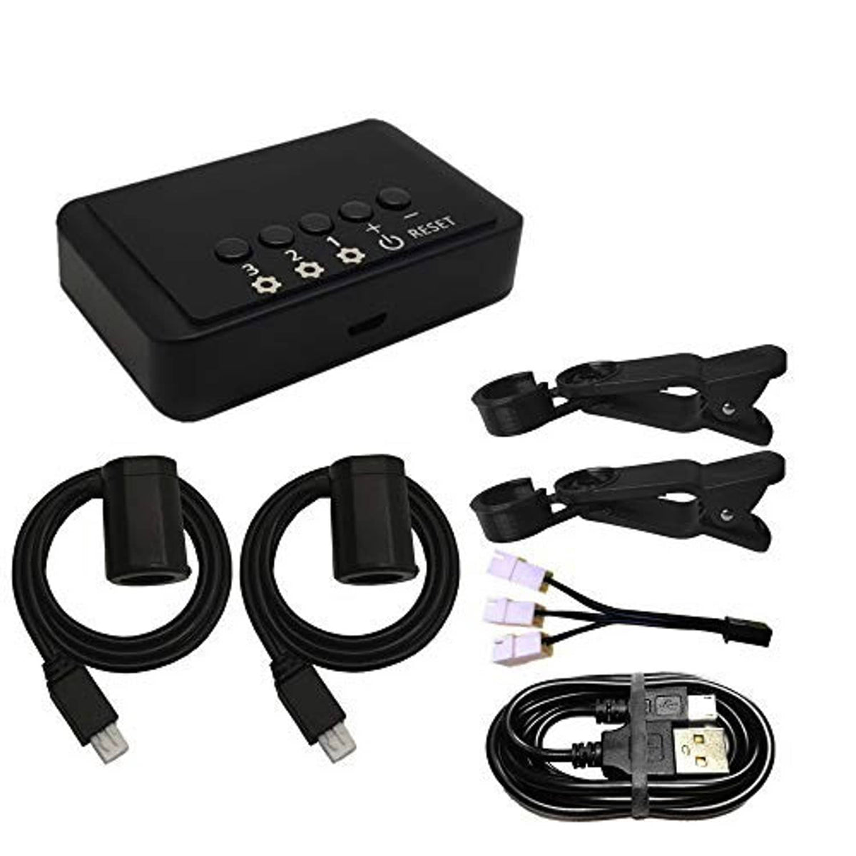 Black auto clicker box with adjustable speed buttons and reset control.