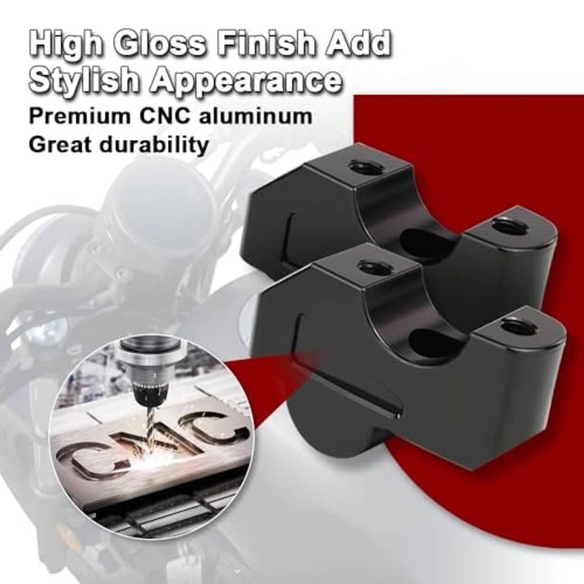 Black glossy handlebar riser pair with top mounting pads and curved clamp channel