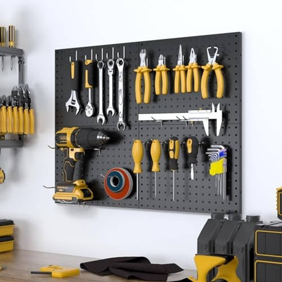 Black metal pegboard wall organizer with hanging hand tools and wrenches on hooks