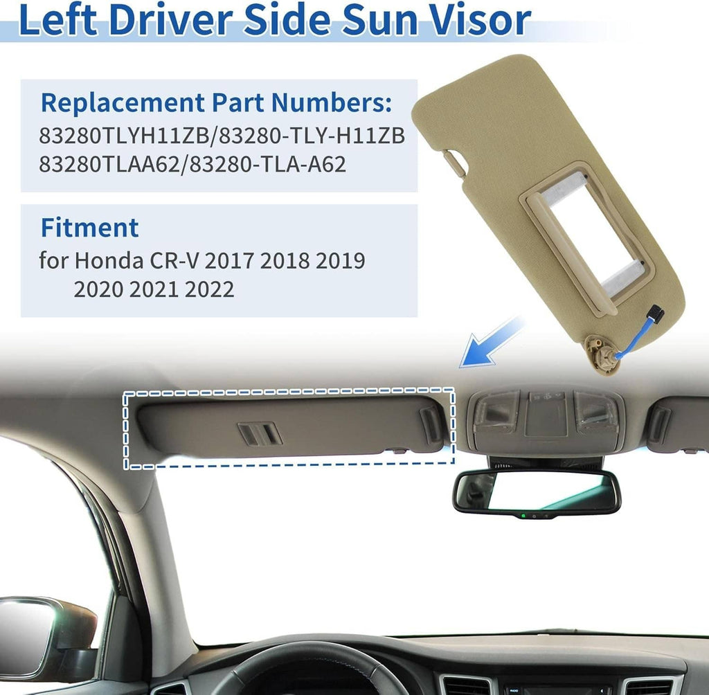 Beige left driver-side sun visor replacement unit with hinge and connector points