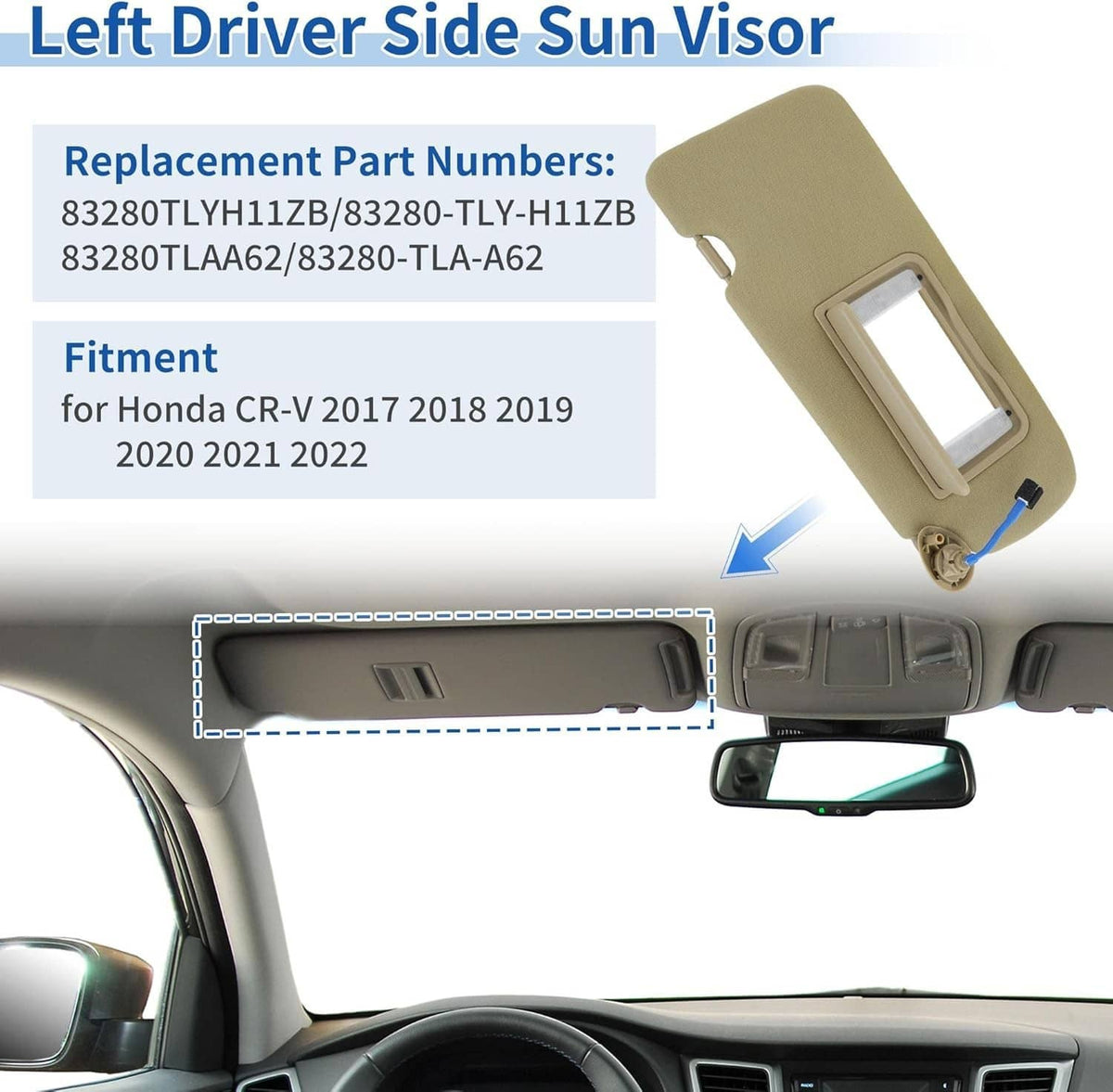 Beige left driver-side sun visor replacement unit with hinge and connector points