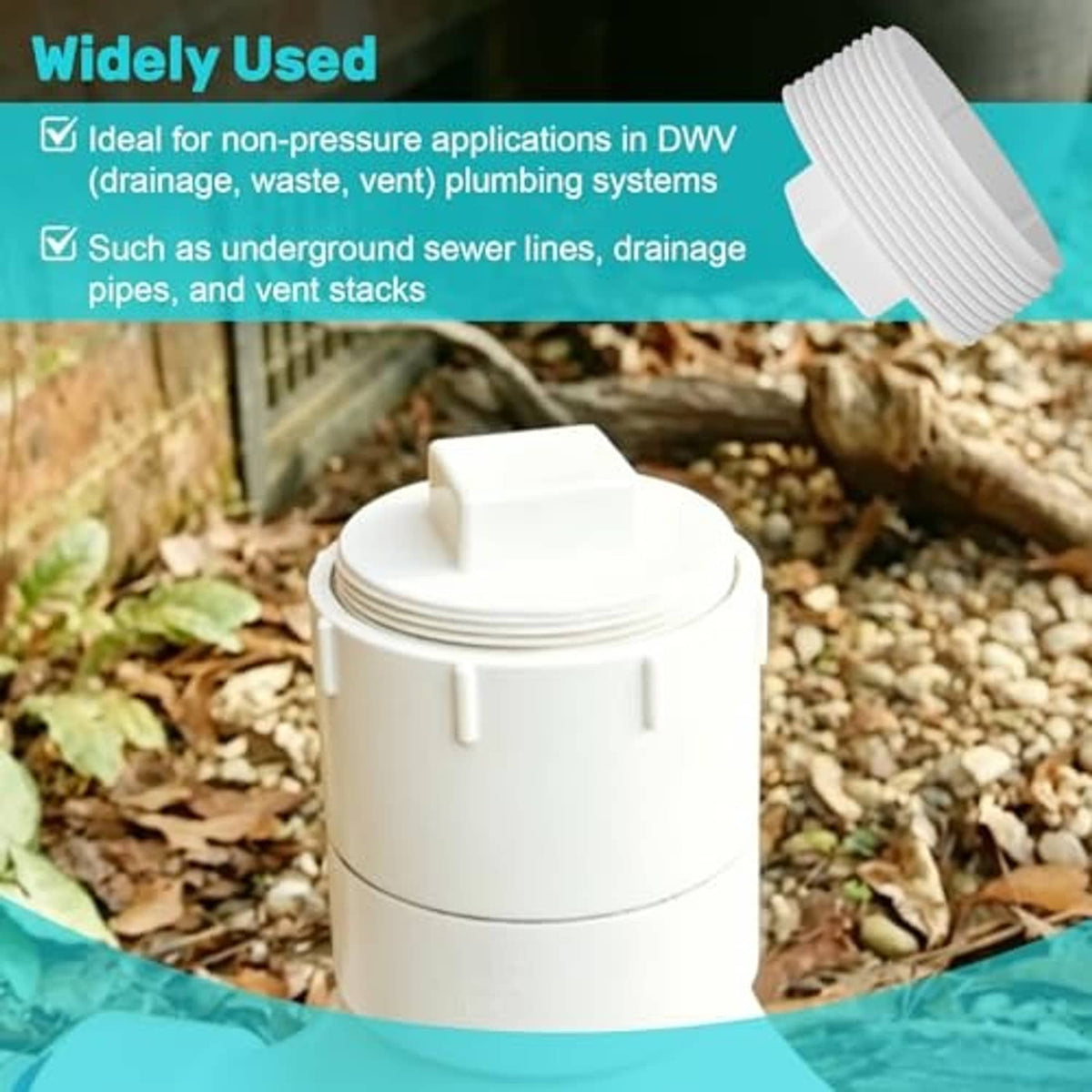 White threaded PVC sewer cleanout plug cap on upright pipe fitting
