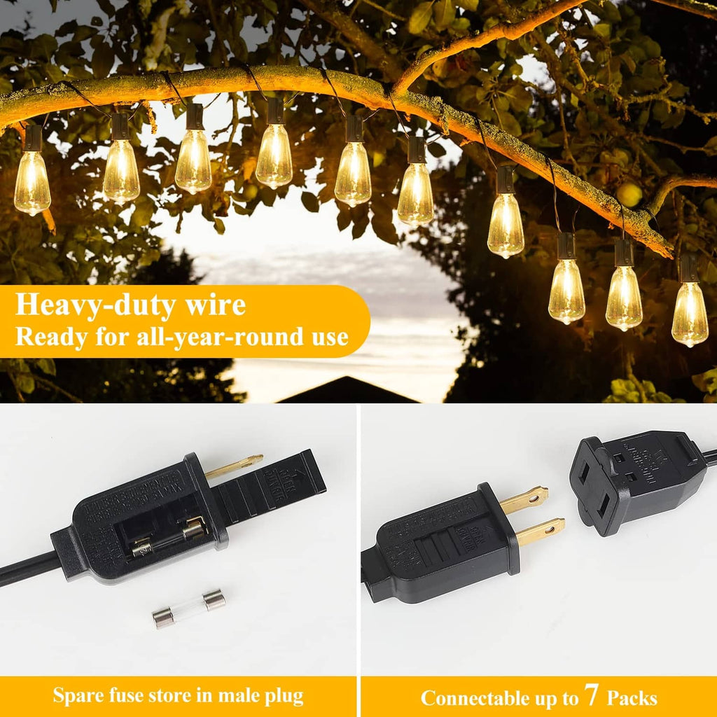 200 ft outdoor string lights with black wire and warm white bulbs, plug and fuse shown