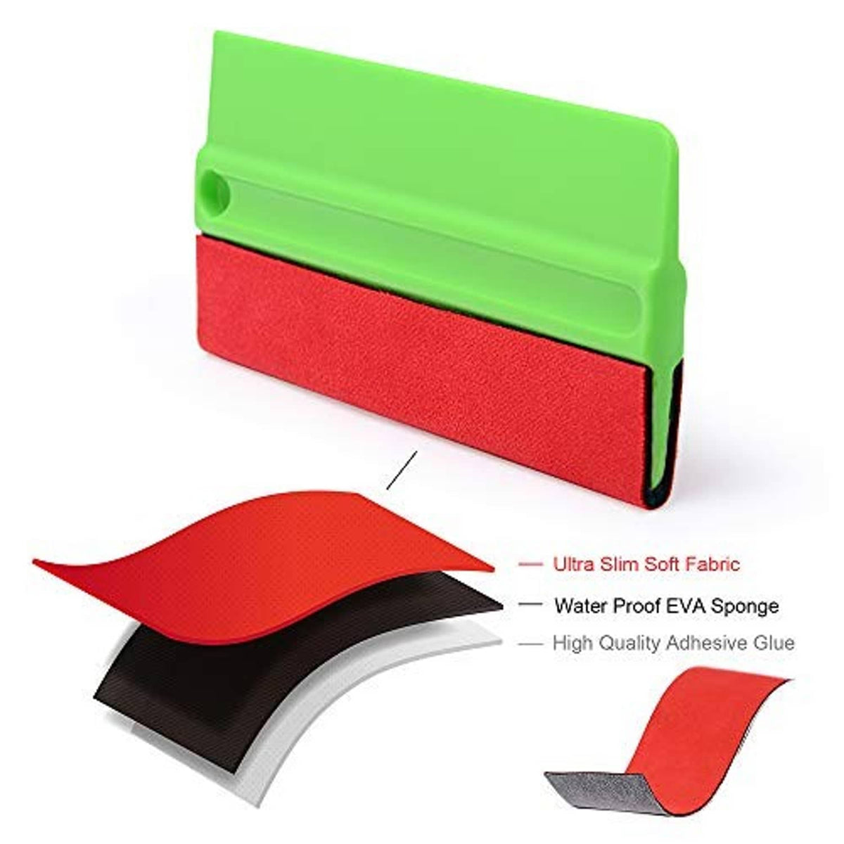 Green squeegee with red felt strip and layered foam/sponge pads