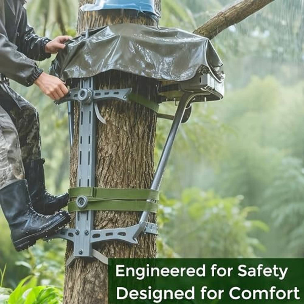 Tree stand stabilizer strap set with green webbing and gray metal brackets