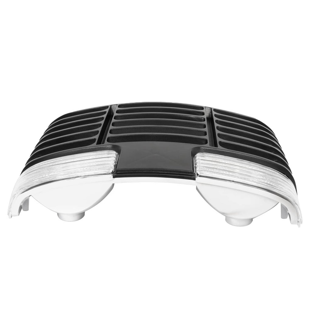 Black ABS grille with two curved clear lamp covers and white mounting bases