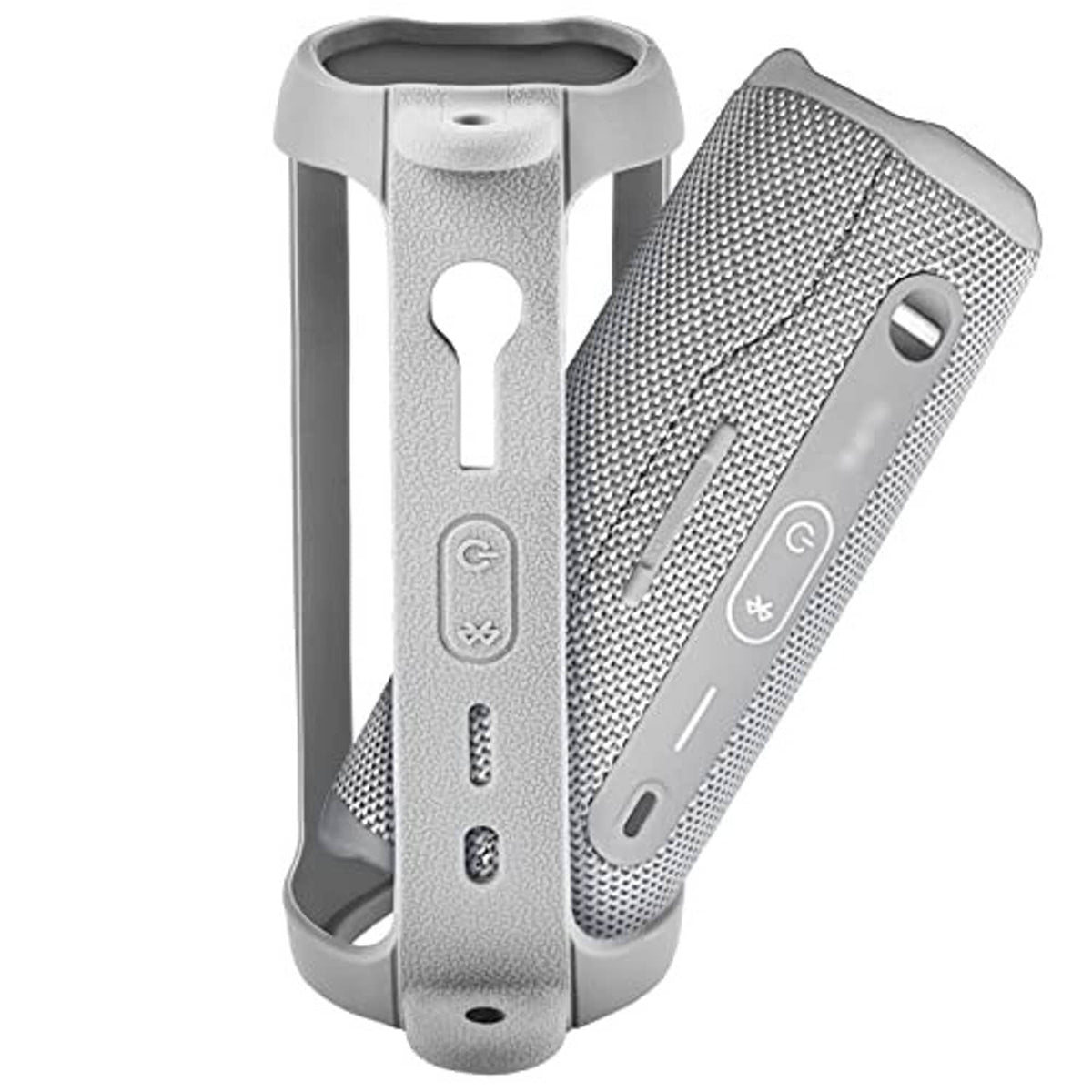 Gray silicone speaker case with side cutouts, lanyard attachment, and button controls