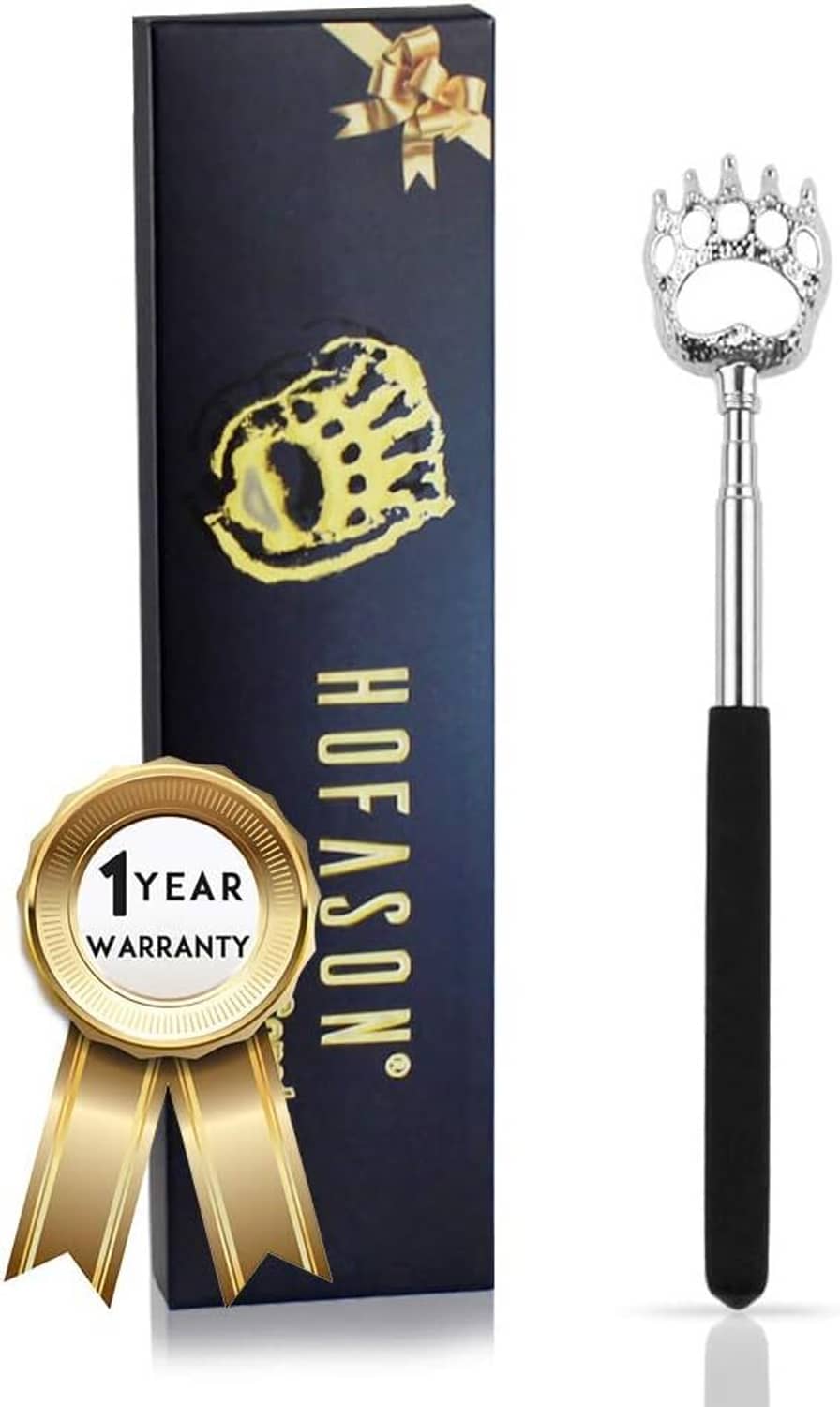 Telescoping back scratcher massager with silver paw head and black handle, boxed