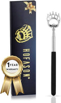Telescoping back scratcher massager with silver paw head and black handle, boxed