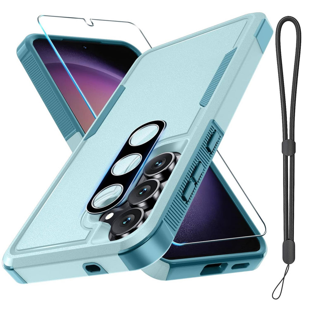 Mint green Galaxy S25 FE phone case with screen protector and wrist strap