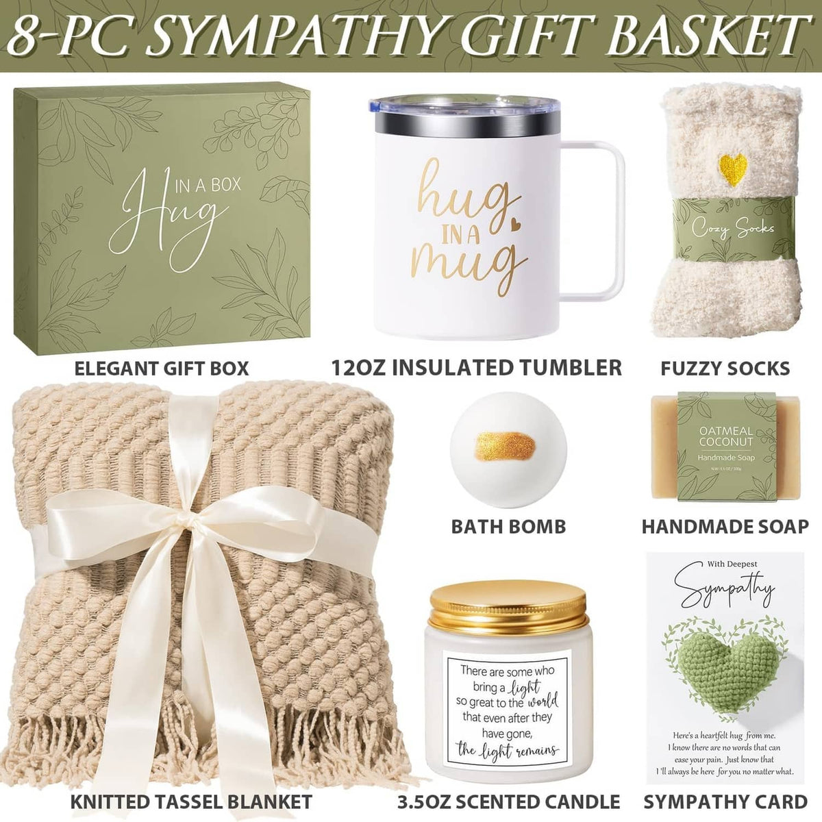 8-piece sympathy gift set in box: insulated tumbler, socks, bath bomb, soap, and card
