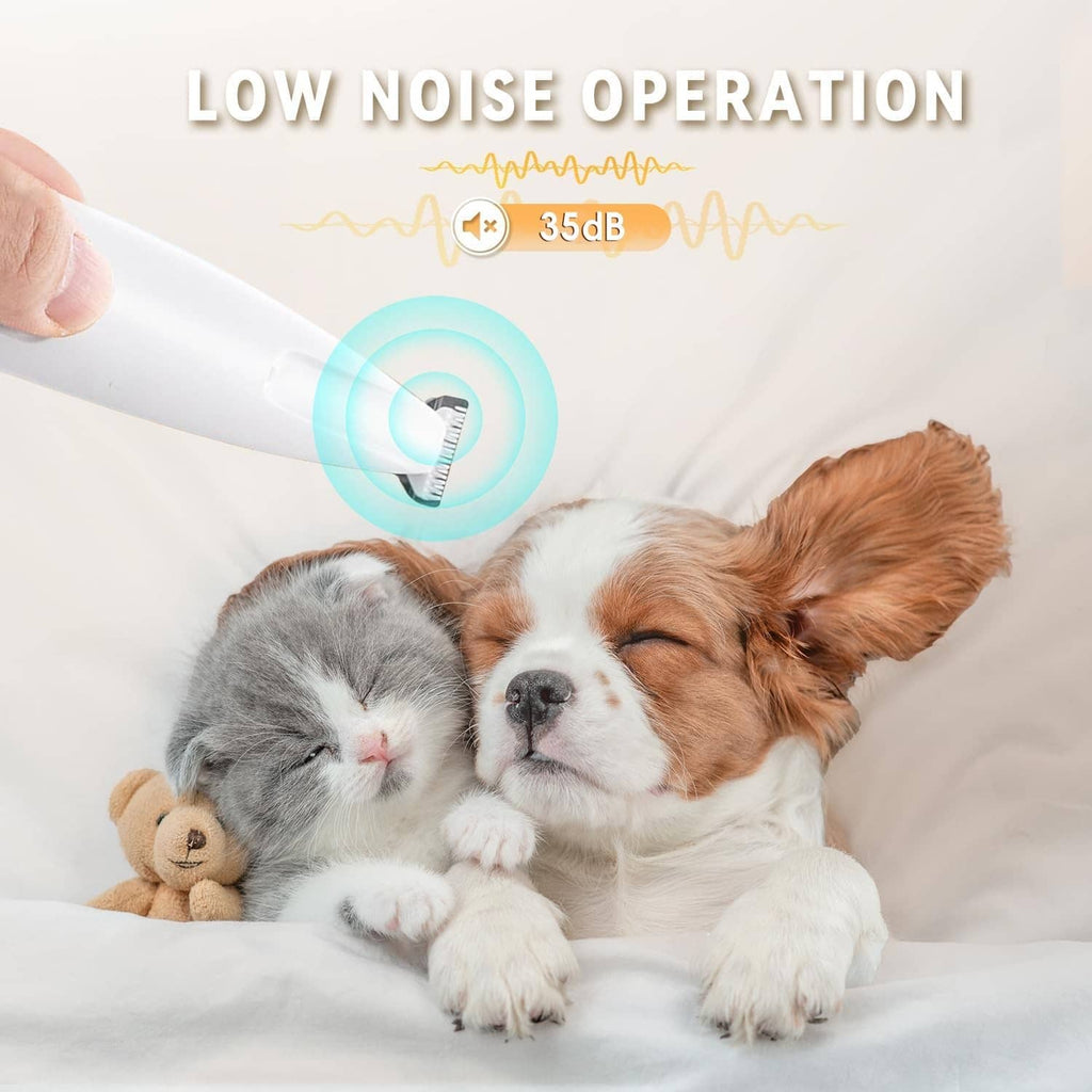 White low-noise pet trimmer cutting a small section of animal fur