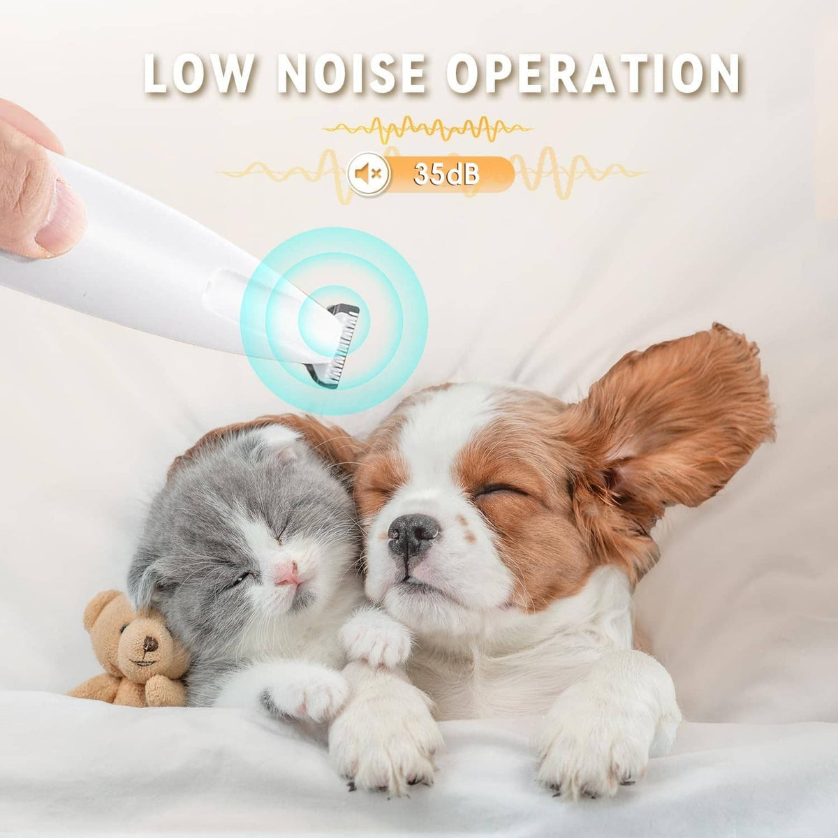 White low-noise pet trimmer cutting a small section of animal fur