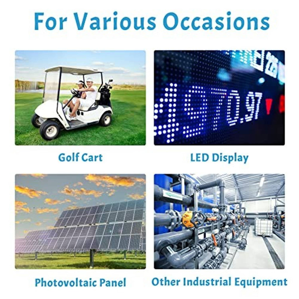 DC step-down converter shown for golf cart, LED display, solar panel, and industry use