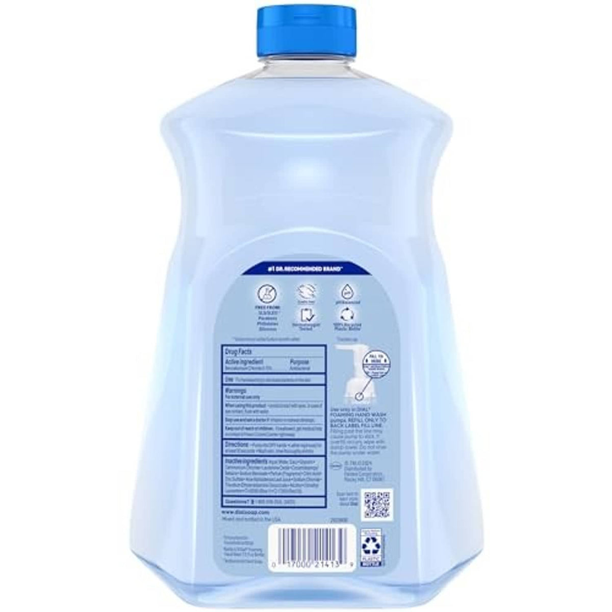 Dial antibacterial foaming hand soap refill bottle, back label and barcode visible