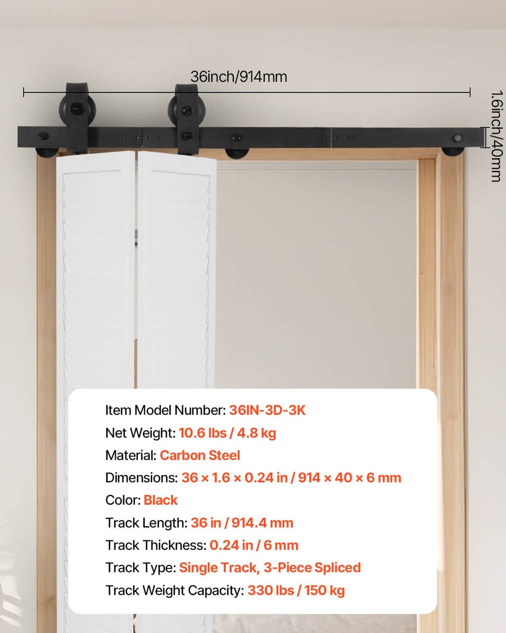 Black bi-fold door track hardware mounted above two folding white doors