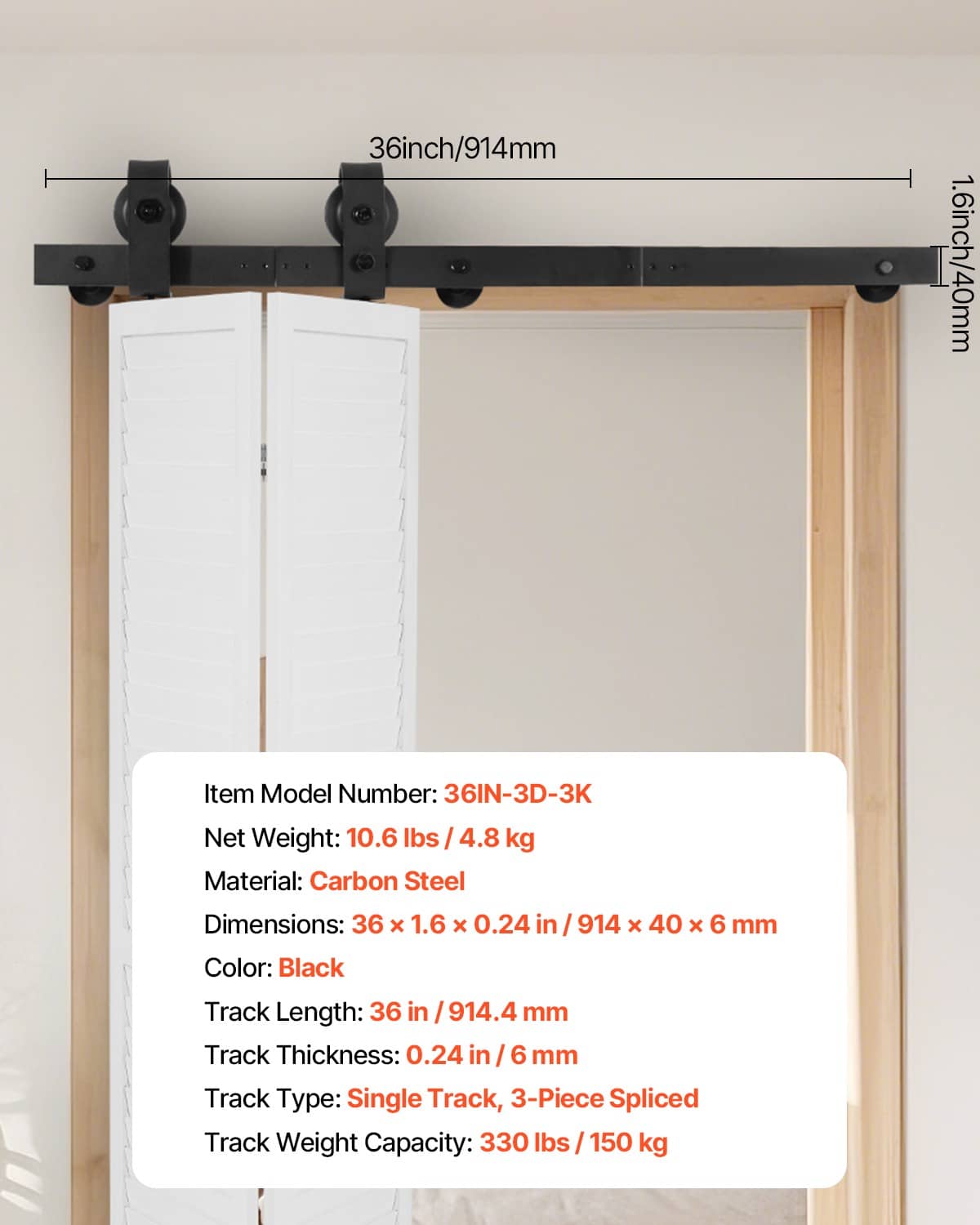 Black bi-fold door track hardware mounted above two folding white doors