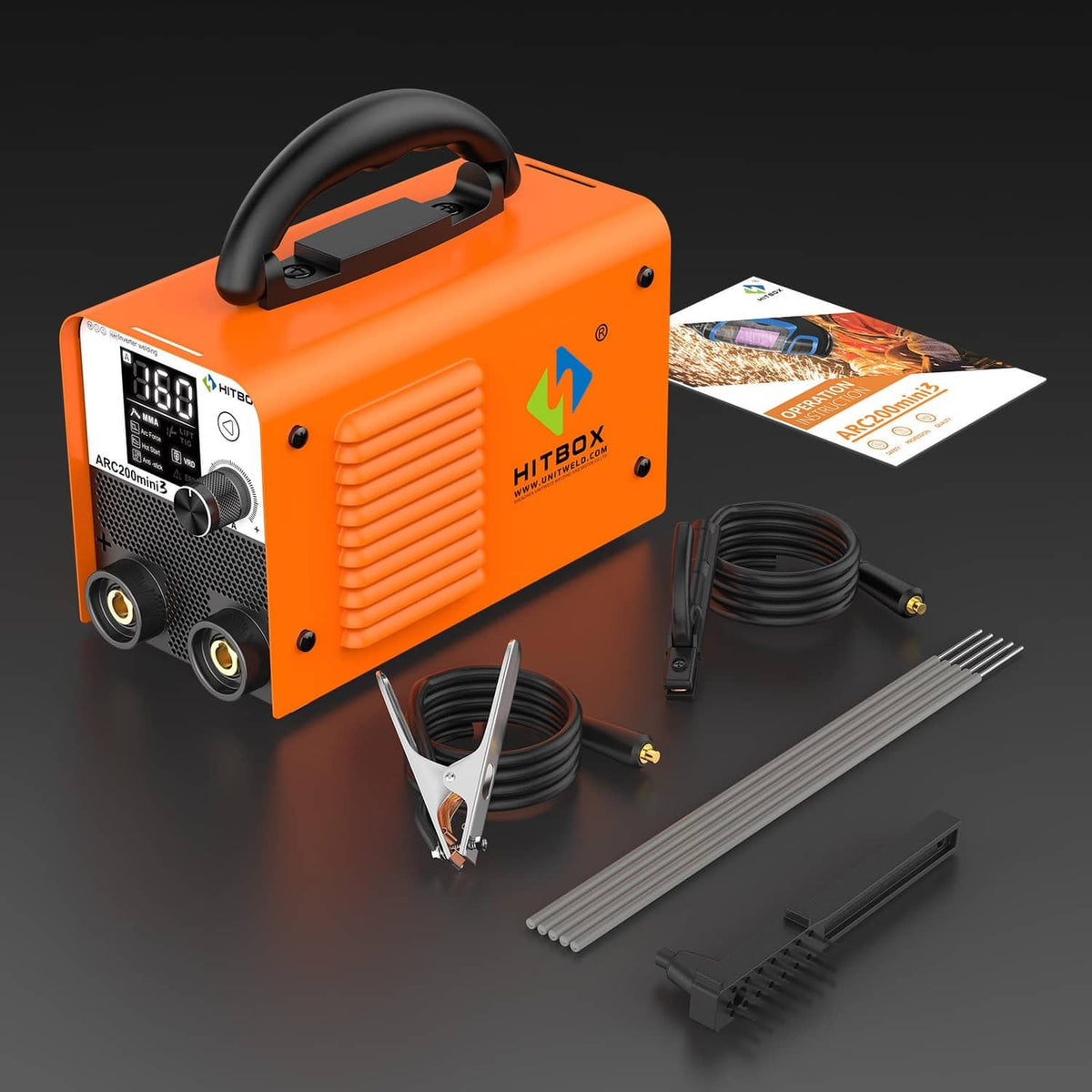 HITBOX orange stick welder with digital display, accessories leads, and electrode holder.