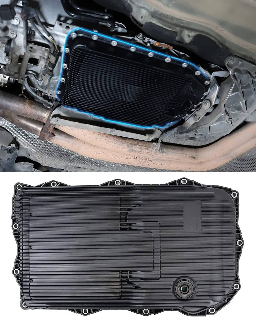 Black transmission oil pan installed under vehicle, blue-taped edge visible