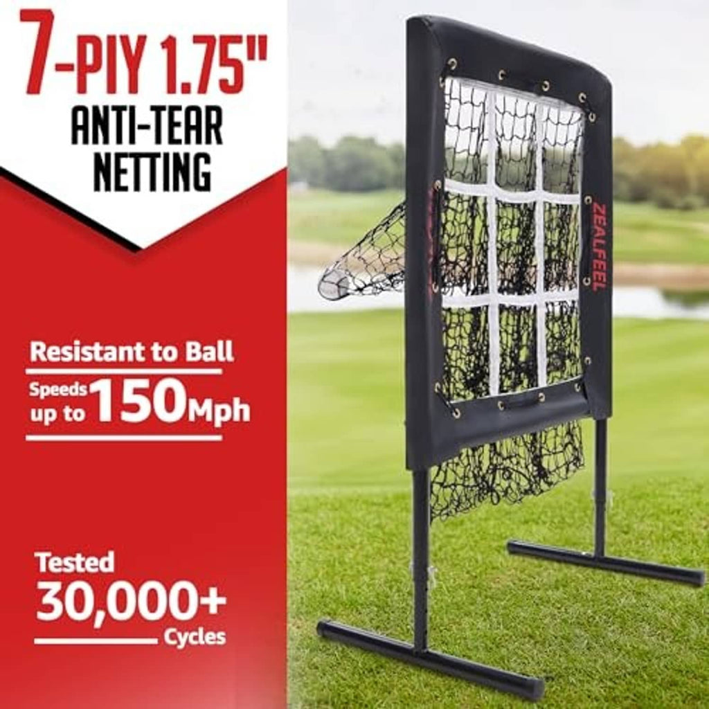 Black anti-tear pitching net with full frame and base stand on grass
