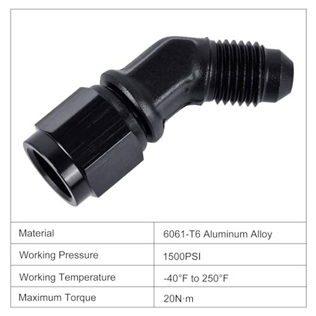 Black aluminum 45-degree AN flare swivel adapter fitting, close view of two threaded ports