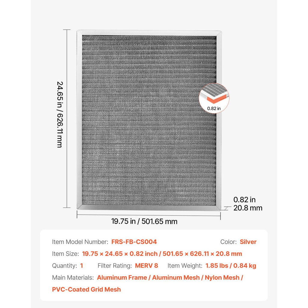 Square electrostatic air filter with gray mesh and silver aluminum frame