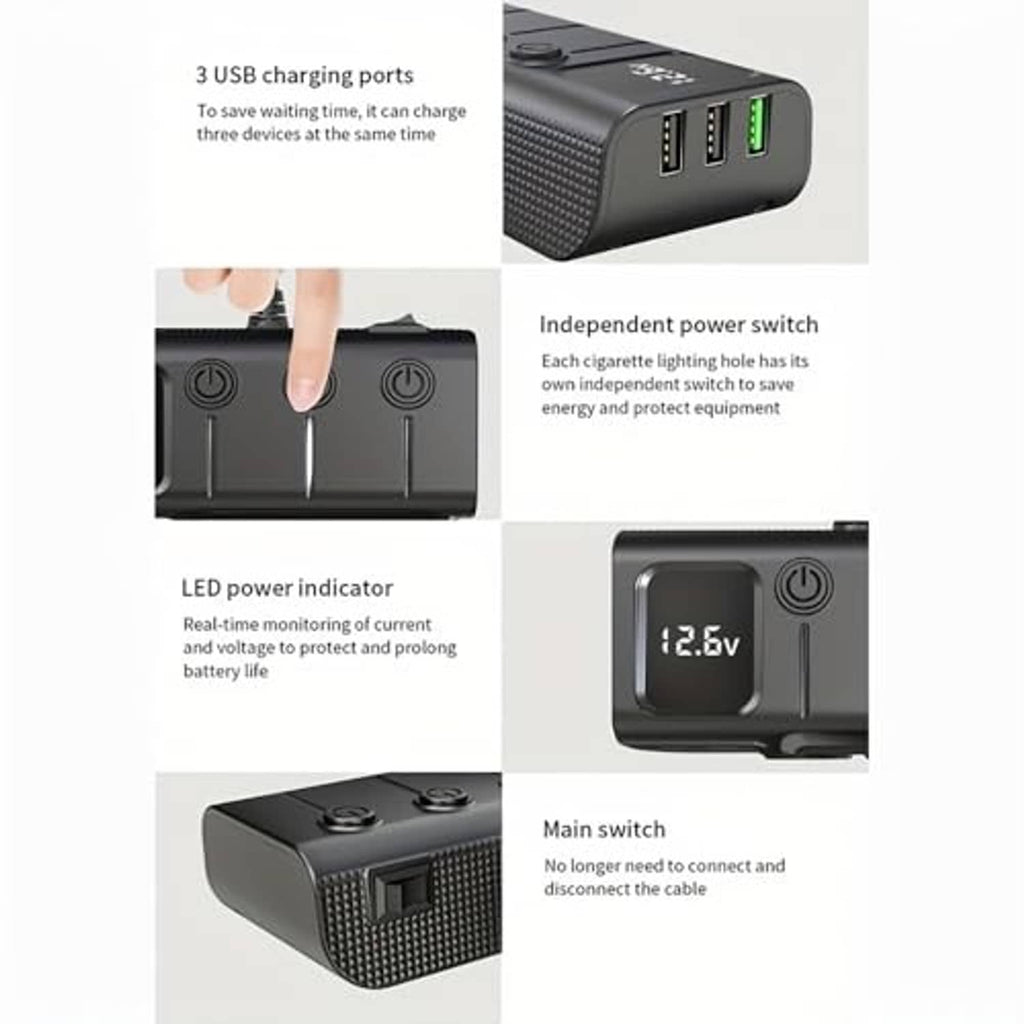Black car cigarette lighter splitter with independent power switches and LED
