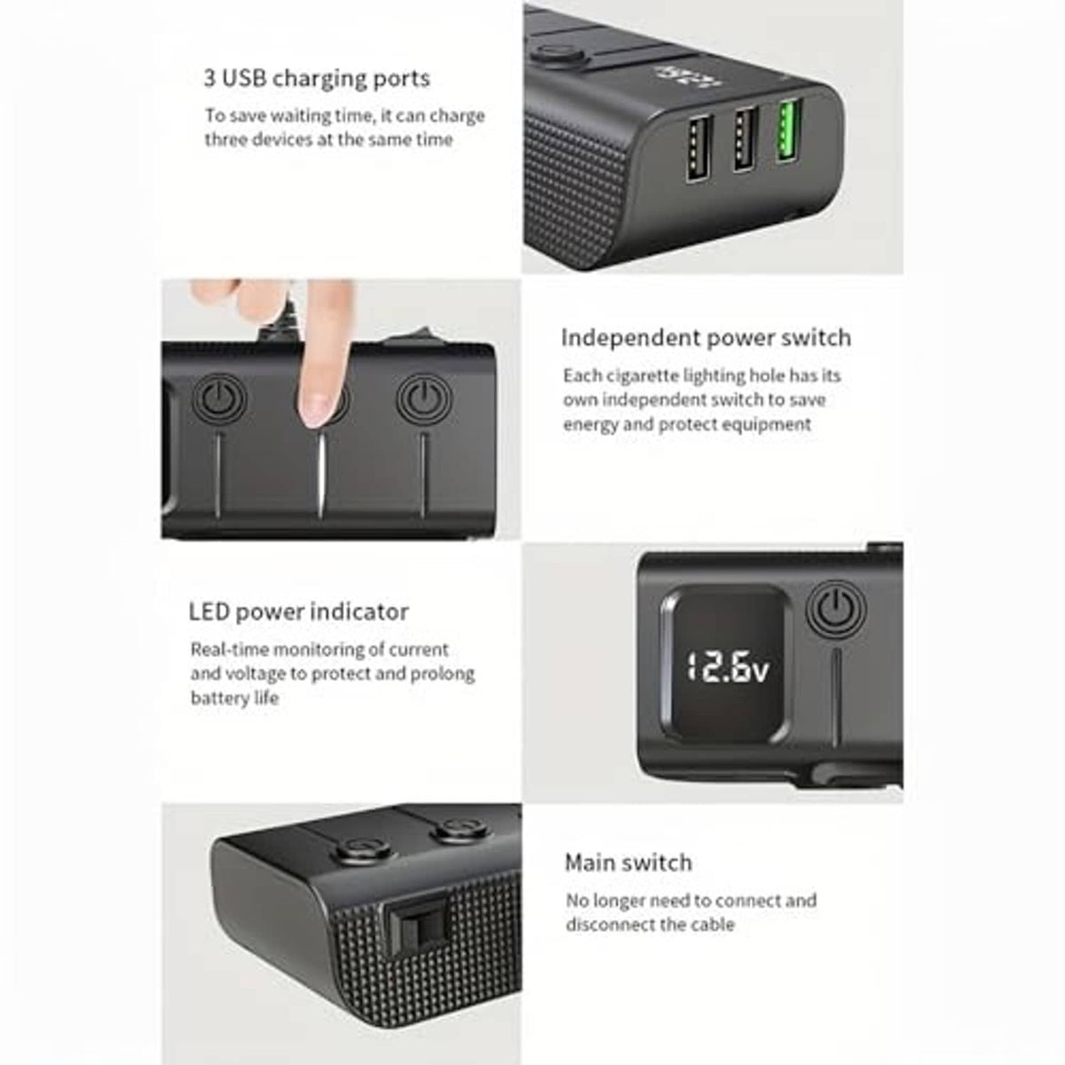 Black car cigarette lighter splitter with independent power switches and LED