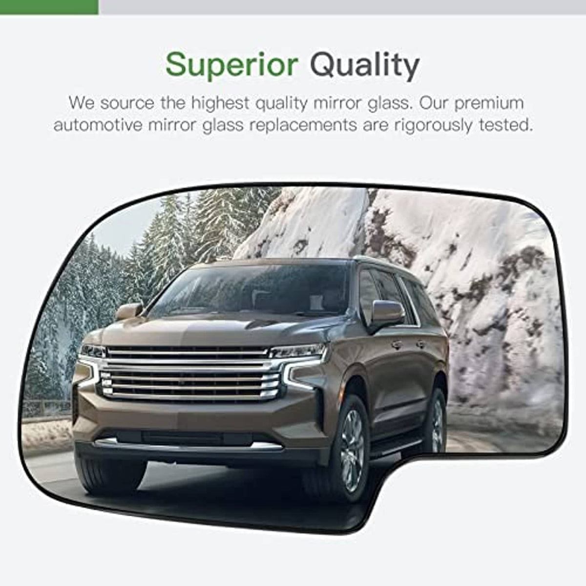Driver-side mirror glass replacement with black frame overlay on SUV