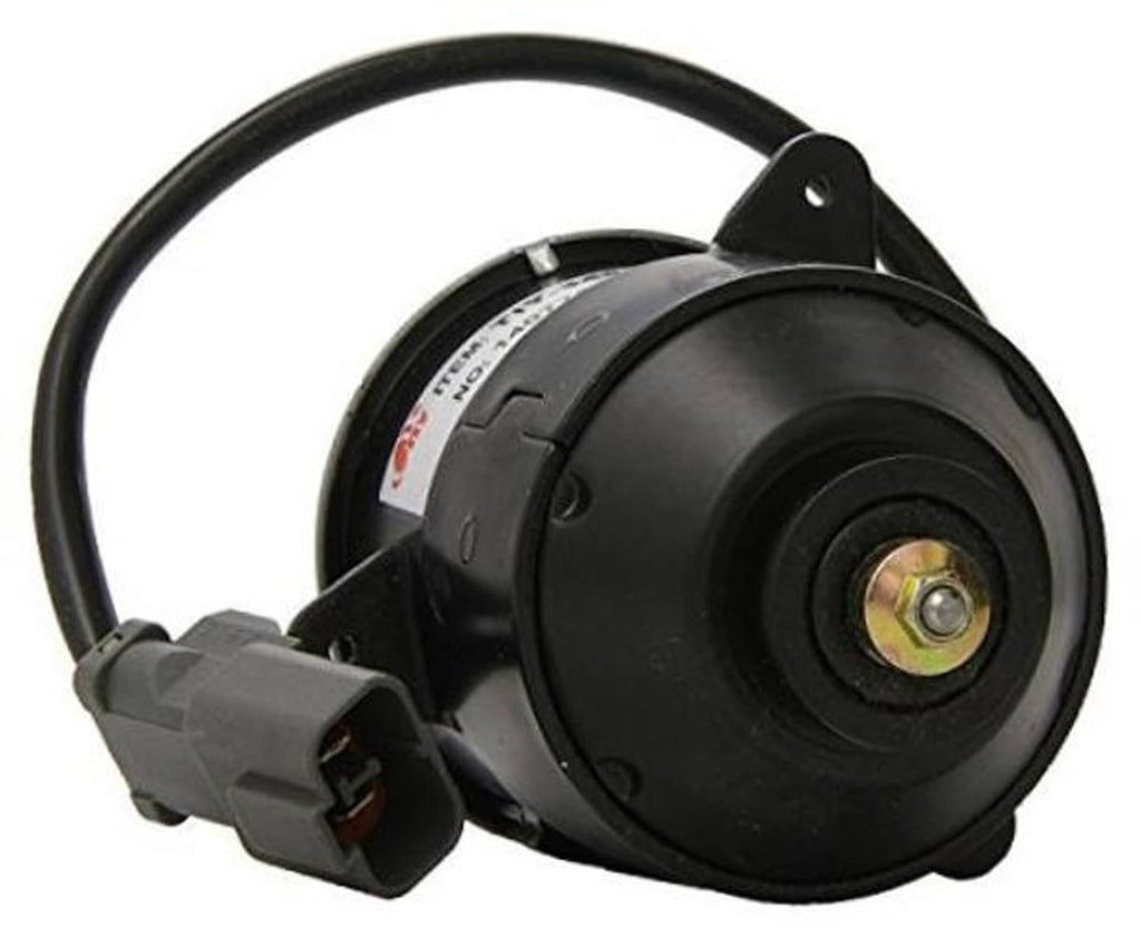 Radiator cooling fan motor with black circular housing and wiring connector