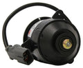 Radiator cooling fan motor with black circular housing and wiring connector