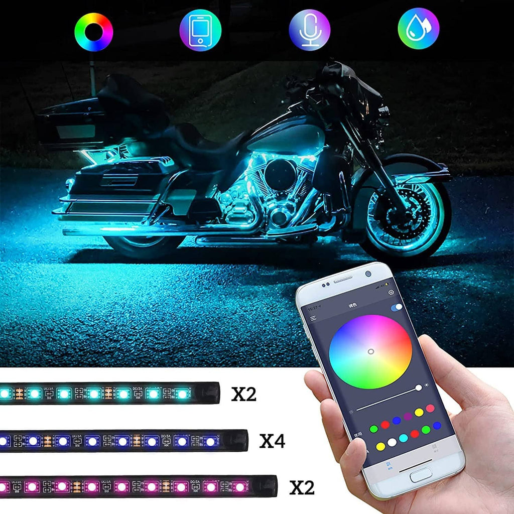 Motorcycle RGB LED strips with smartphone app controller in the foreground.