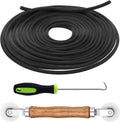 Screen repair kit with black spline coil, green hook tool, and wood-handled screen roller