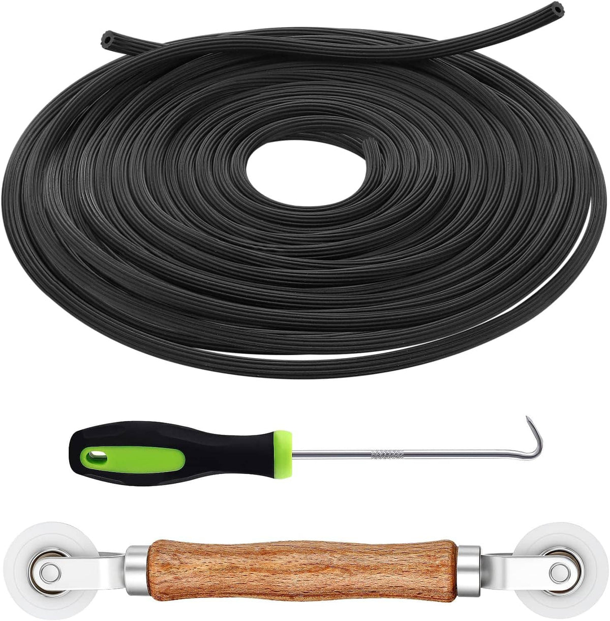 Screen repair kit with black spline coil, green hook tool, and wood-handled screen roller
