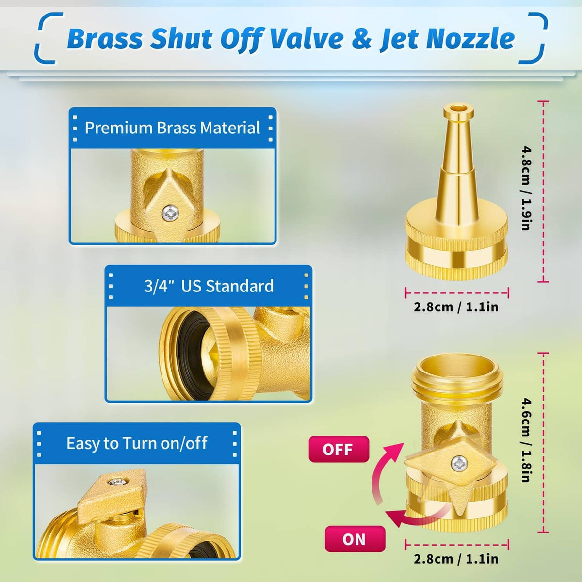 Gold brass shut-off valve and jet nozzle for 3/4 in hose connector, compact design