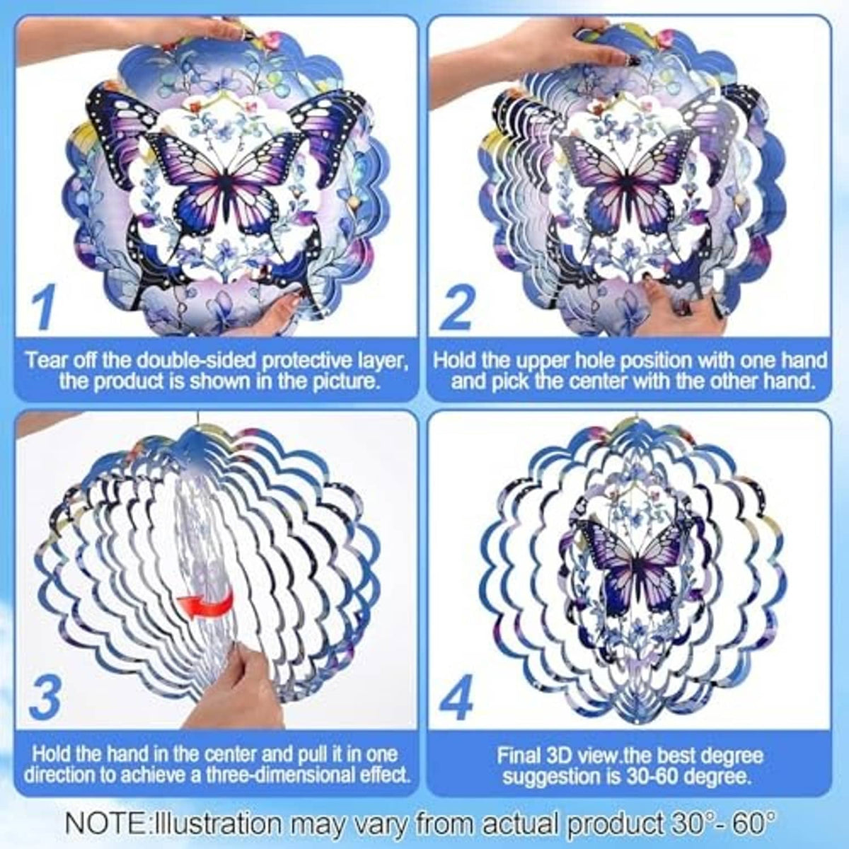 Metal butterfly wind spinner shown in step-by-step protective layer removal guide.