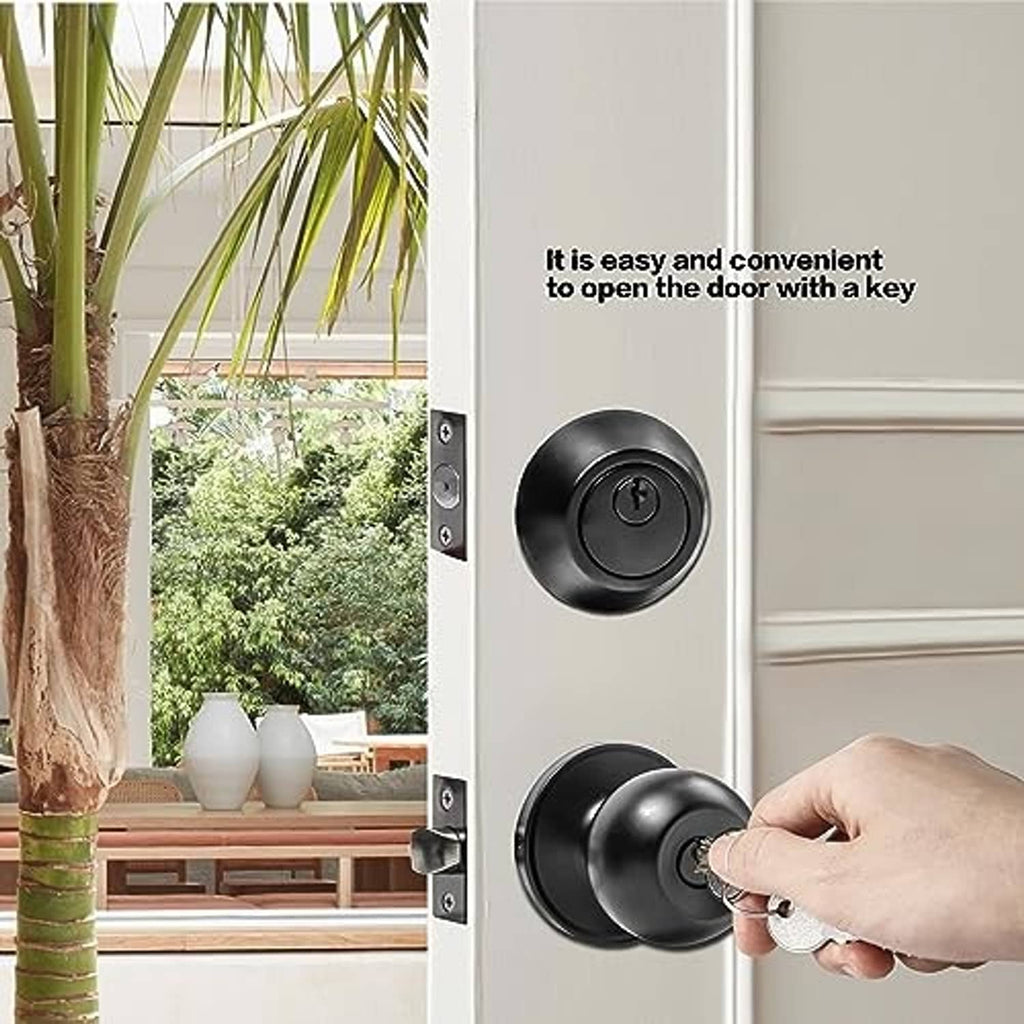 Matte black exterior door lock with keyed knob and deadbolt on door hardware