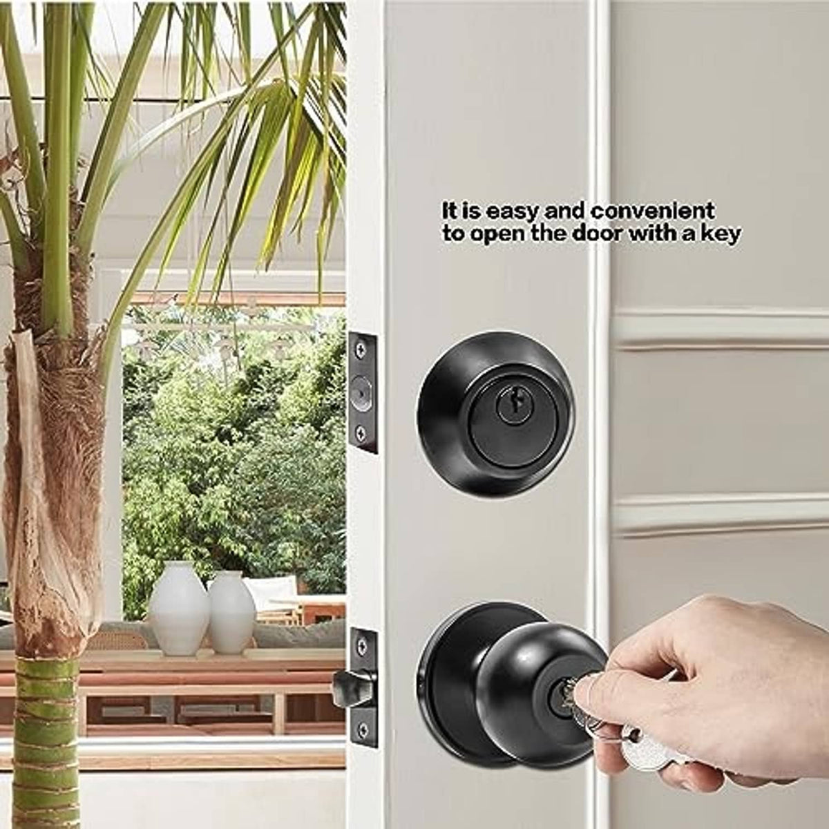 Matte black exterior door lock with keyed knob and deadbolt on door hardware