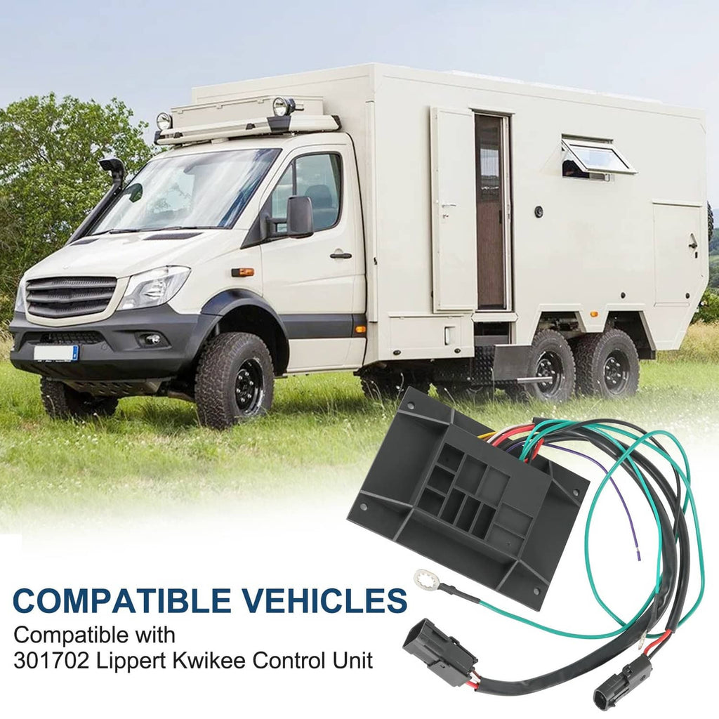 RV step control module brain with black housing and colored wire harness shown on RV