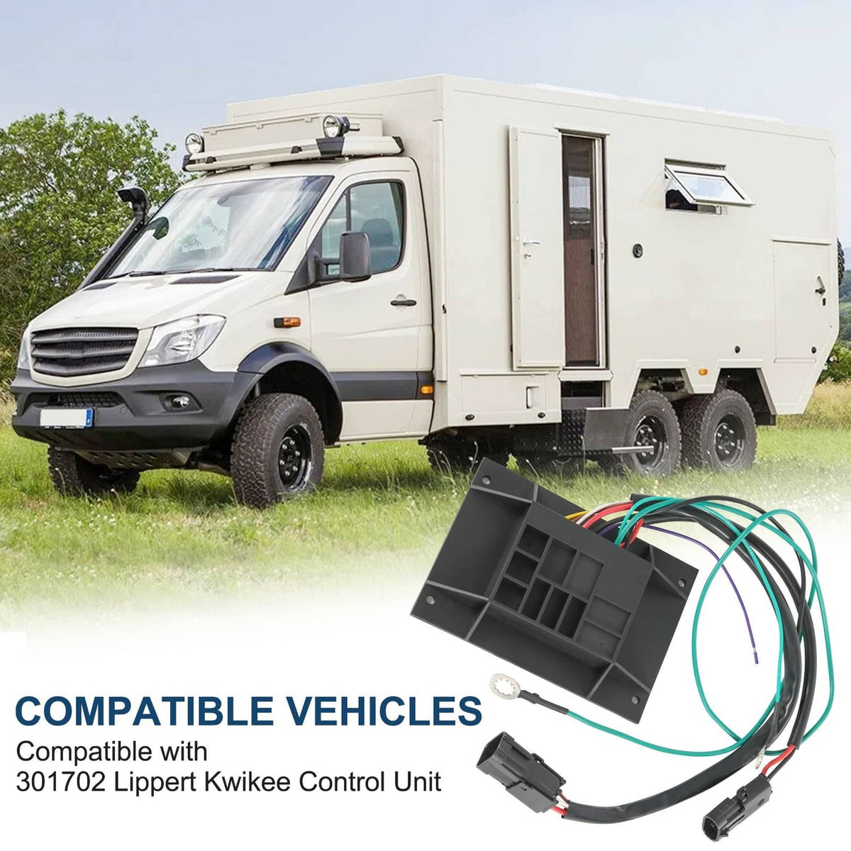 RV step control module brain with black housing and colored wire harness shown on RV