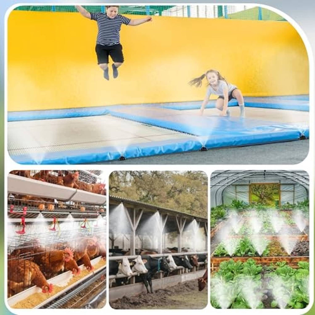 Outdoor cooling mist spray covering inflatable pool and garden greenhouse area