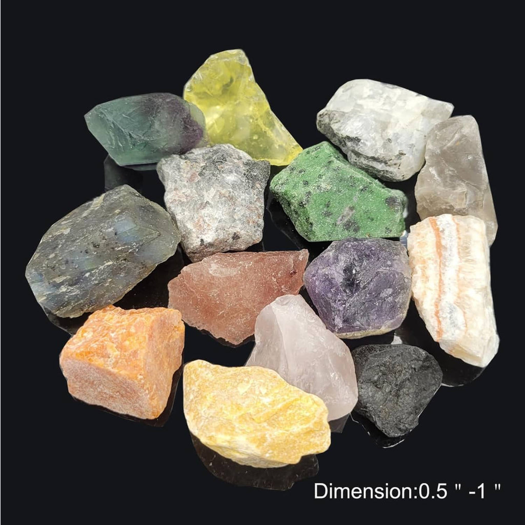 Loose rough gemstone chunks assortment in assorted colors, size note overlay at bottom
