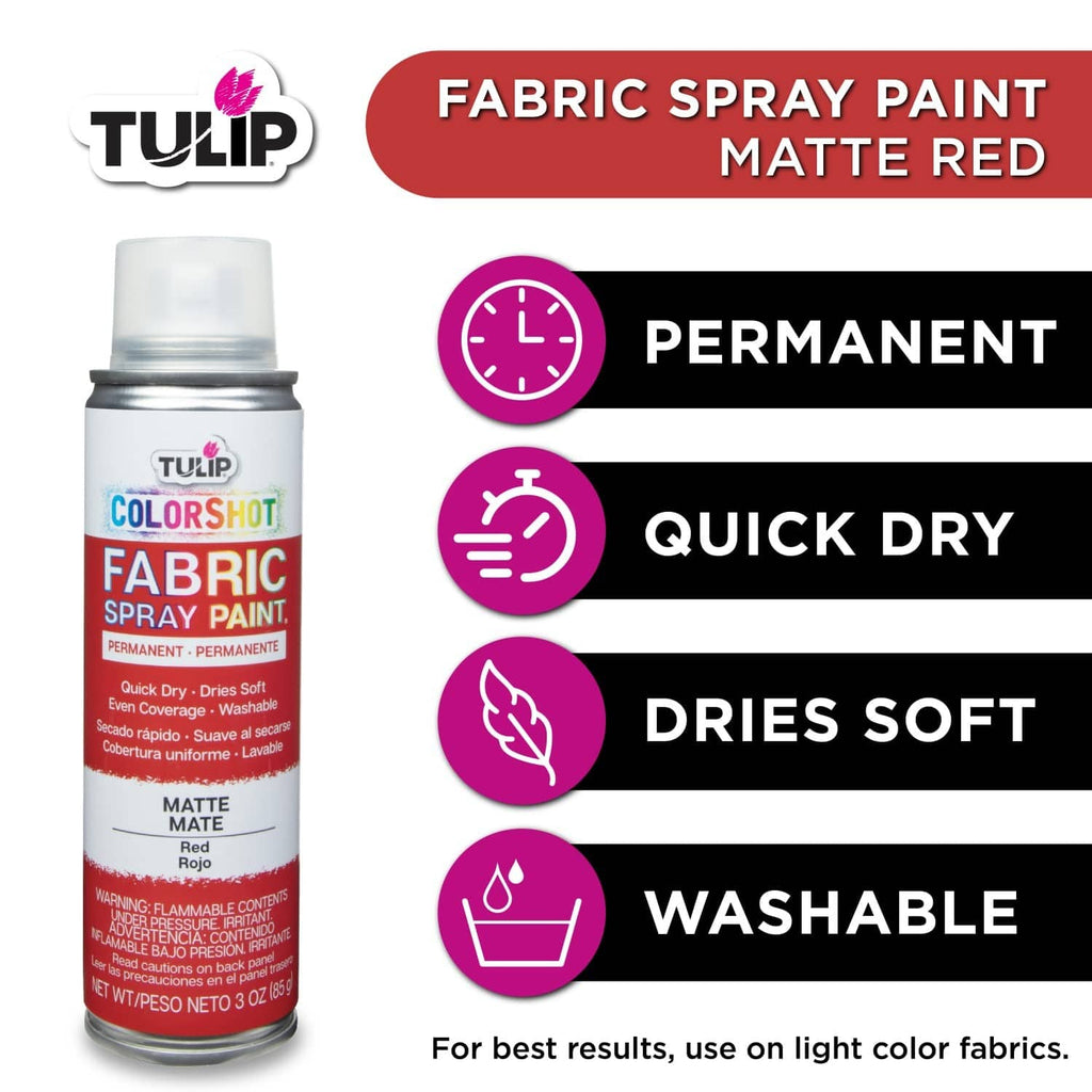 Tulip ColorShot matte red fabric spray paint with permanent and quick-dry icons