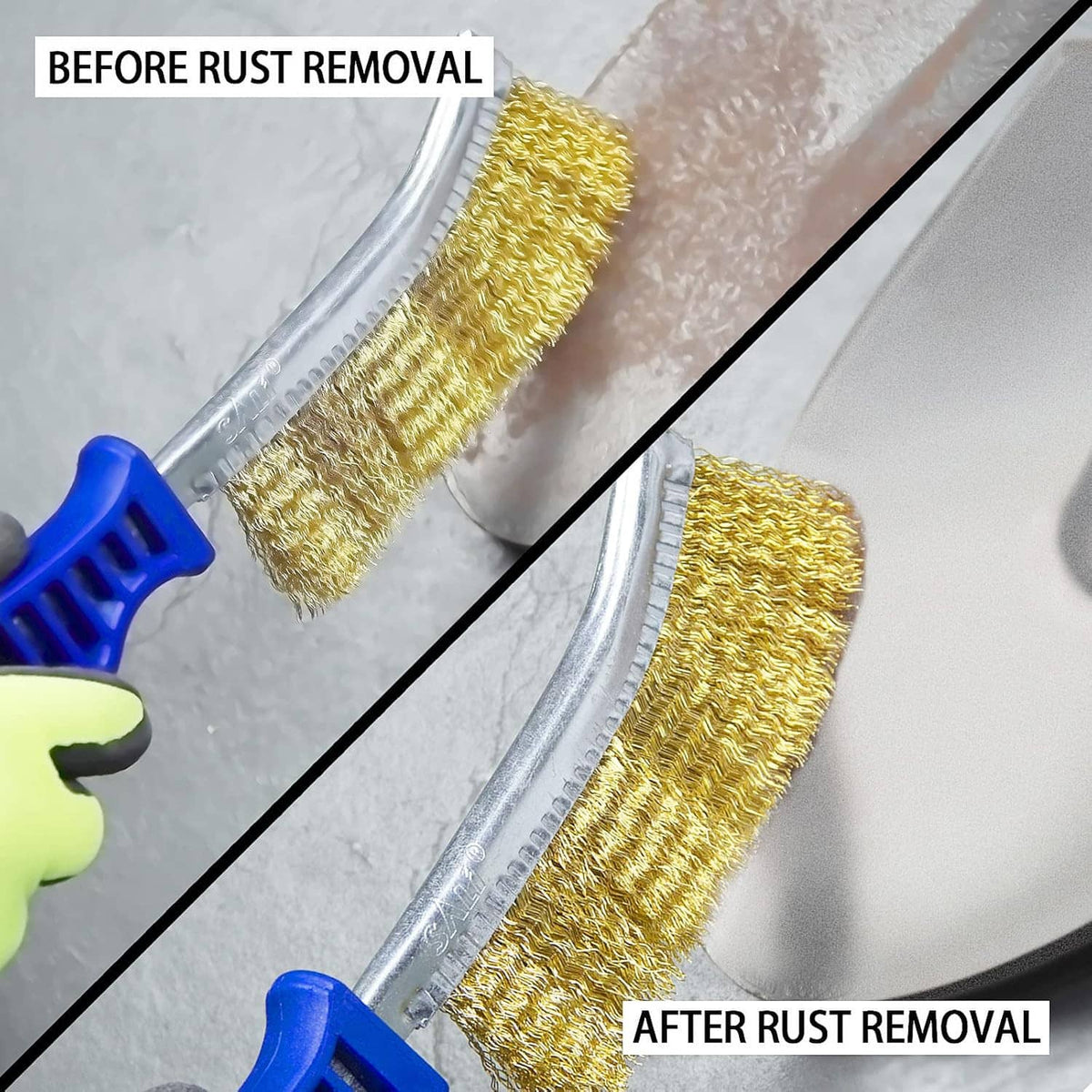 Wire brush with gold bristles before and after rust removal, blue handle and silver head