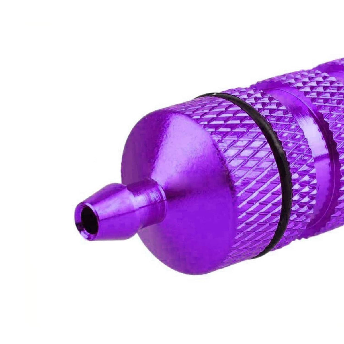 RC aluminum nitro fuel filter, close-up purple end cap with outlet nozzle opening