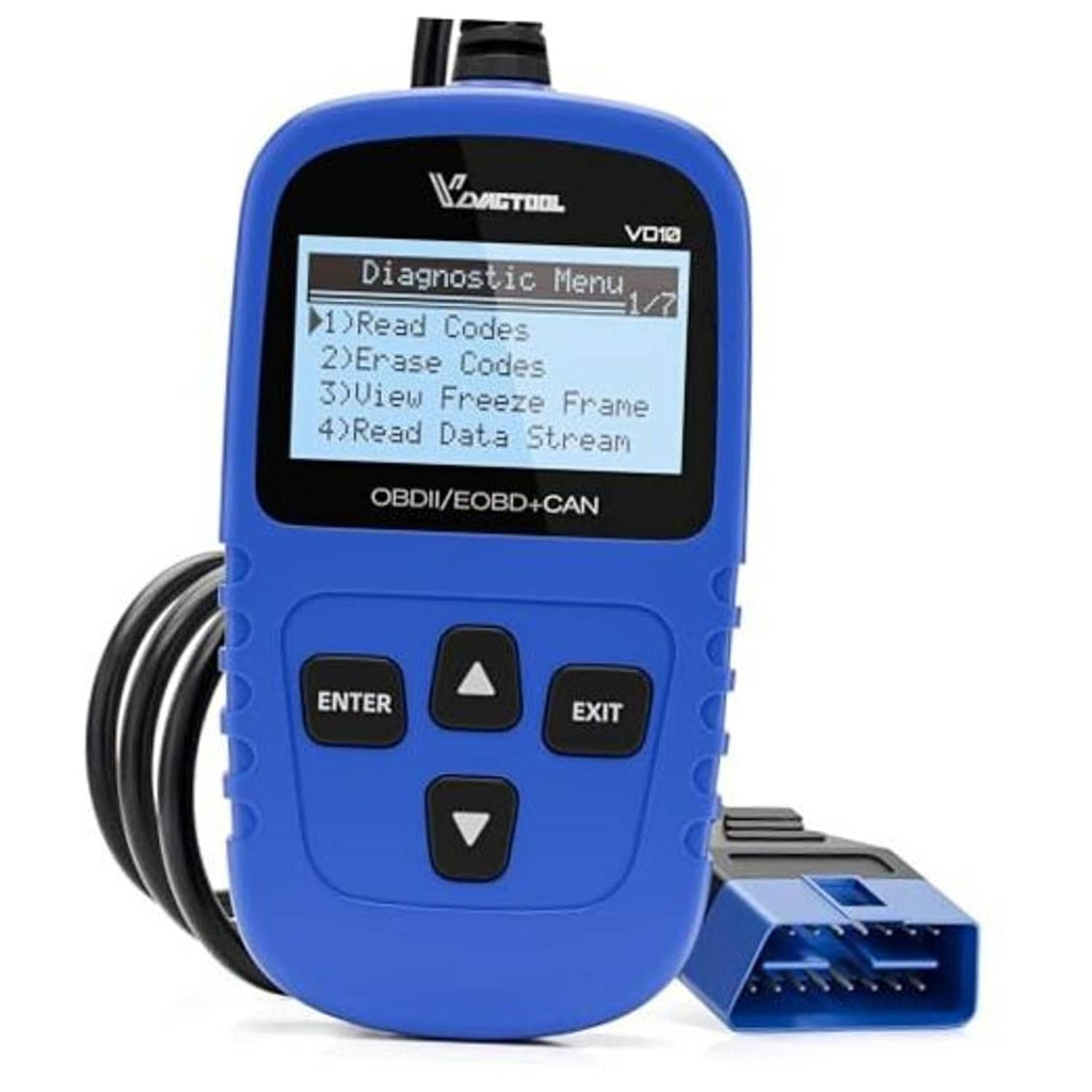 Front view of blue handheld OBD2 scanner with LCD menu and OBD connector cable