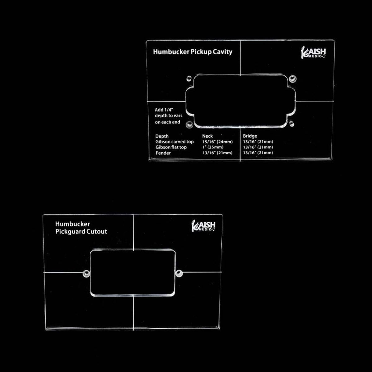 Kaish Music acrylic humbucker pickup cavity routing template with cutout and size markings