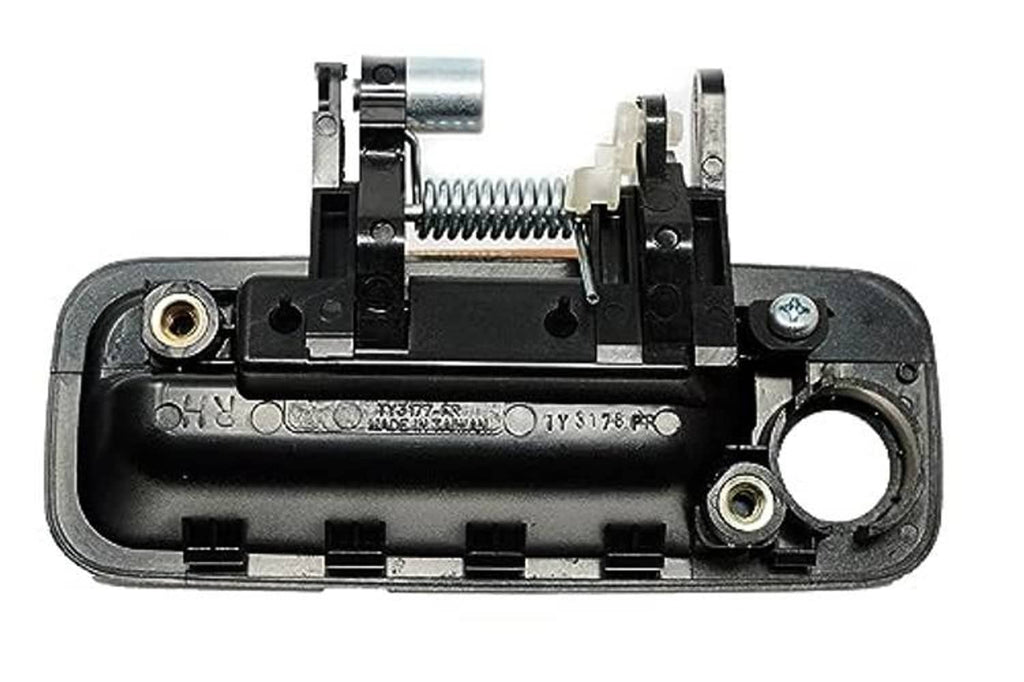 Black interior mounting plate for exterior door handle with screw posts and circular opening