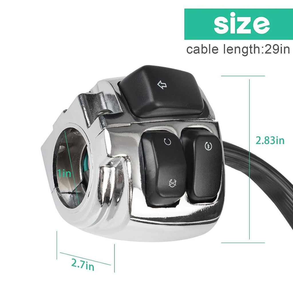 Motorcycle handlebar control switch with black rocker buttons on chrome housing