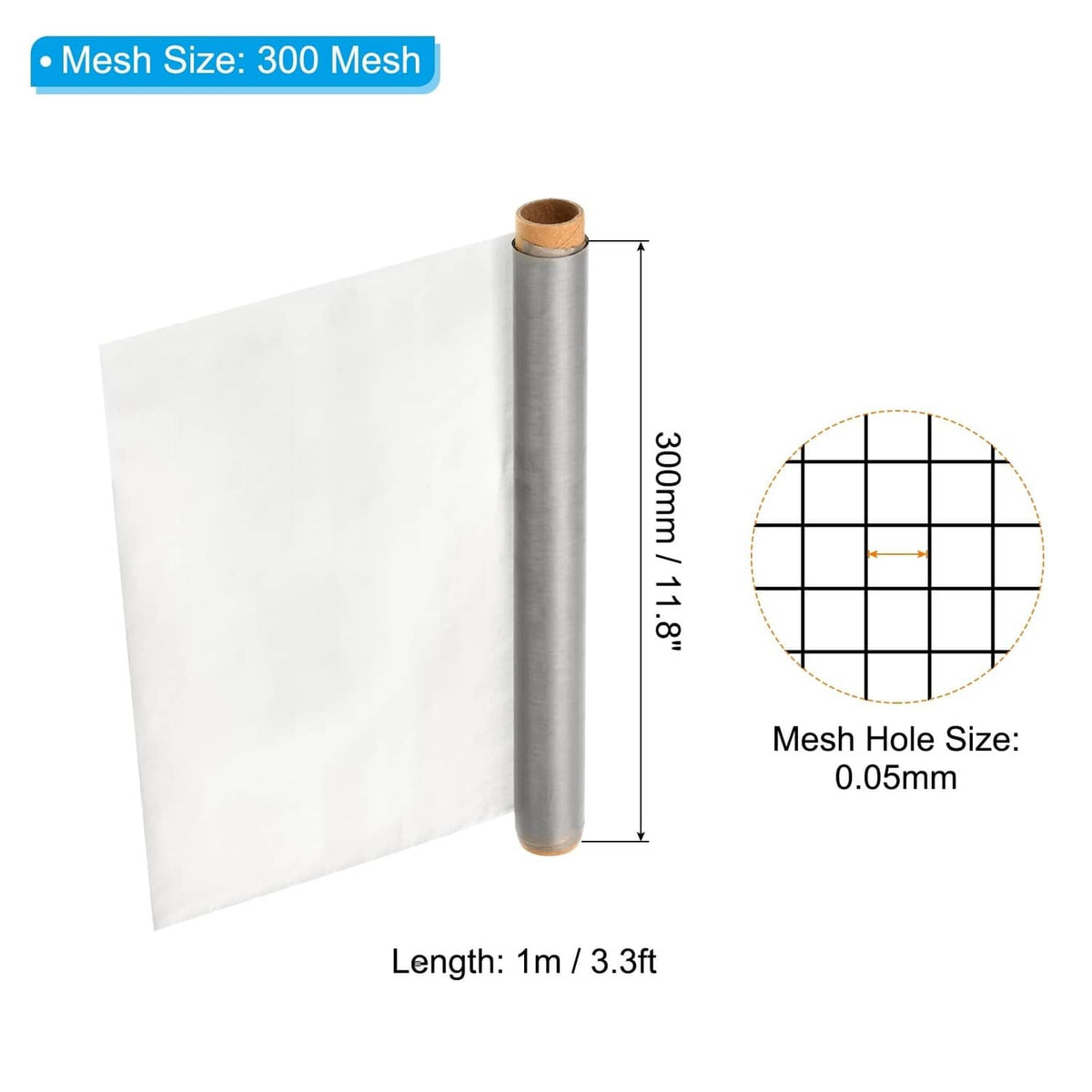Stainless steel wire mesh roll with measurements, 300 mesh, 0.05 mm hole size